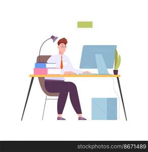 Office worker full of energy. Cartoon employee at computer, vector illustration isolated on white background. Office worker full of energy. Cartoon employee at computer, vector illustration