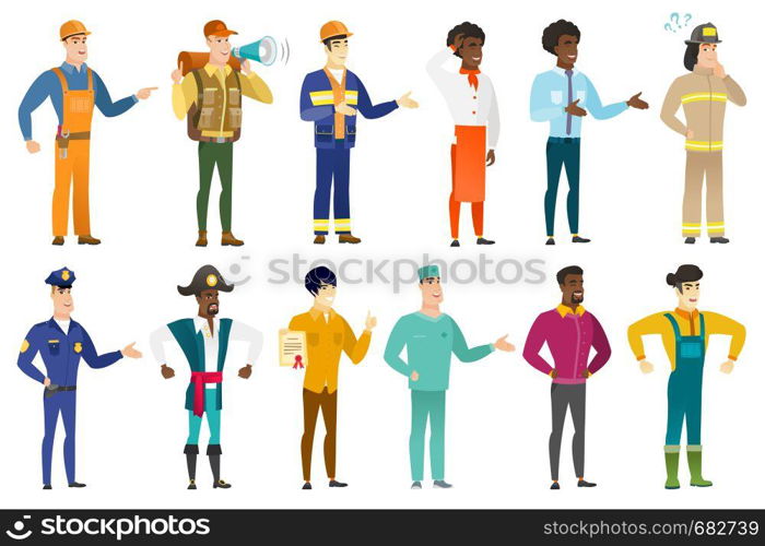 Office worker holding certificate. Full length of office worker with certificate. Office worker showing certificate and thumbs up. Set of vector flat design illustrations isolated on white background.. Vector set of professions characters.