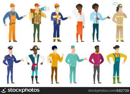 Office worker holding certificate. Full length of office worker with certificate. Office worker showing certificate and thumbs up. Set of vector flat design illustrations isolated on white background.. Vector set of professions characters.
