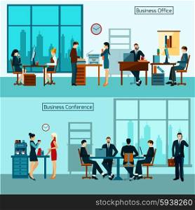 Office worker horizontal banner set with business conference isolated vector illustration. Office Worker Banner Set