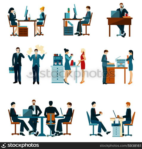 Office worker icons set with business people workflow elements isolated vector illustration. Office Worker Icons