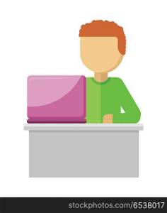 Office Worker Illustration. Man with Notebook. Office worker illustration in flat style design. Man works with laptop and analyzes website. Development solution, software development or construction. Search of innovations. Vector illustration