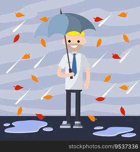 Office worker in a white shirt and tie is standing in the rain with blue umbrella. Cartoon flat illustration. Protection from Bad autumn weather with clouds. Drops of water fall down. Puddles of dirt. Office worker in a white shirt and tie