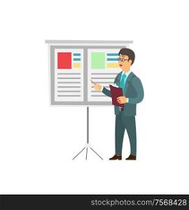 Office worker in glasses making report pointing on information board. Businessman in suit at conference, folder in hand, cartoon speaker isolated vector. Businessman in Suit Reporting near Board with Info