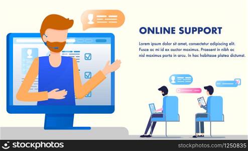Office Worker in Headset Online Customer Support. Bearded Man Wear Headphones. Call Center Client Service. Character Sit on Chair Work at Laptop Tablet. Flat Cartoon Vector Illustration. Office Worker in Headset Online Customer Support
