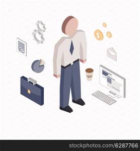 Office worker in isometric style with icons
