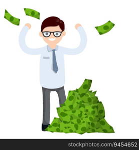 Office worker in white shirt. Bunch of green money. Happy man. Cartoon flat illustration. Payment and business