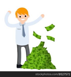 Office worker in white shirt. Bunch of green money. Happy man. Cartoon flat illustration. Payment and business. Office worker in white shirt. Bunch of green money