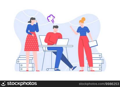 Office worker listens to instructions and get angry. Office employee and manager character, instruction and advice explaining. Vector illustration. Office worker listens to instructions and get angry