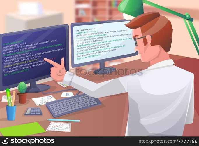 Office worker male character sitting at table with computer programmer writes program code. Businessman working at office workplace typing on keyboard. Young man enterpreneur performs work on computer. Office worker male character sitting at table with computer, programmer writes program code