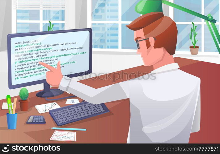 Office worker male character sitting at table with computer programmer writes program code. Businessman working at office workplace typing on keyboard. Young man enterpreneur performs work on computer. Office worker male character sitting at table with computer, programmer writes program code