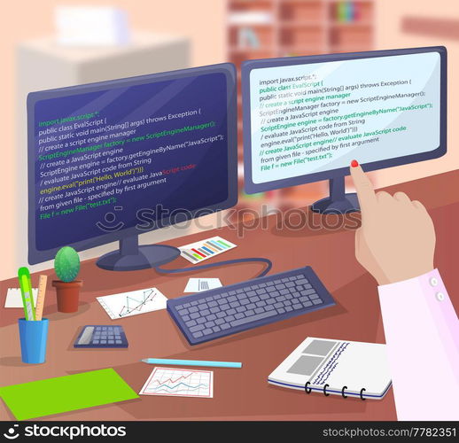 Office worker male character sitting at table with computer programmer writes program code. Businessman working at office workplace pointing to monitor. Person enterpreneur performs work on computer. Office worker sitting at table with computer pointing to monitor, programmer writes program code