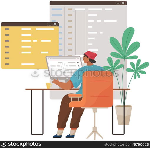 Office worker male character sitting at table with computer programmer writes program code. Businessman working at office workplace processes data. Person enterpreneur performs work on computer. Office worker male character sitting at table with computer programmer writes program code
