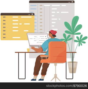 Office worker male character sitting at table with computer programmer writes program code. Businessman working at office workplace processes data. Person enterpreneur performs work on computer. Office worker male character sitting at table with computer programmer writes program code