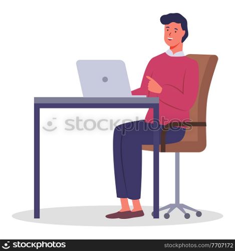 Office worker man sitting behind a desk with a laptop. Businessman or a clerk working at his office table flat style illustration. Smiling guy office worker enterpreneur performs work on a computer. Office worker man behind a desk with a laptop. Businessman or a clerk working at his office table