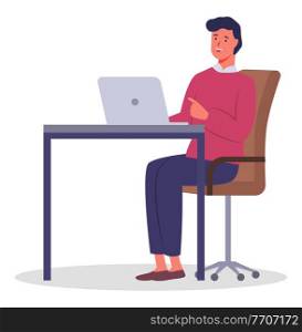 Office worker man sitting behind a desk with a laptop. Businessman or a clerk working at his office table flat style illustration. Smiling guy office worker enterpreneur performs work on a computer. Office worker man behind a desk with a laptop. Businessman or a clerk working at his office table