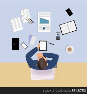 Office worker on table with papers top view vector illustration