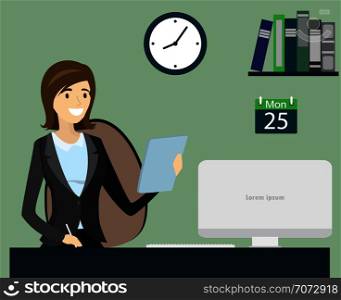 Office worker or business woman working.Cartoon stock vector illustration. Office worker or business woman Working On Computer.