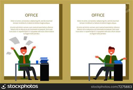 Office worker posters set with businessmen at work vector of happy man sitting and desk with pile of books and throwing ups papers with frame for text. Office Worker Posters Businessmen at Work Vector