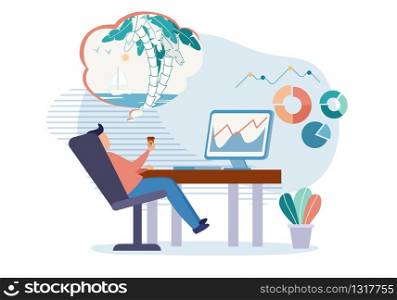 Office Worker Relaxing, Drinking Takeaway Coffee at Workplace. Data Analyst Dreaming about Vacation on Tropical Island. Modern Workspace Interior. Cartoon Businessman Rest. Vector Flat Illustration. Worker Relaxing and Dreaming Vacation at Workplace