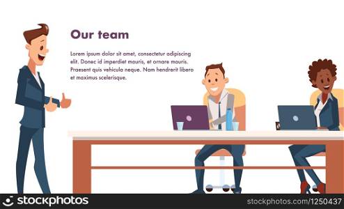 Office Worker Sit at Workplace Work by Laptop. Business Team at Table or Desk. Young Man and Woman Character Colleague. Happy Businessman in Suit Stand near. Cartoon Flat Vector Illustration. Office Worker Sit at Workplace Work by Laptop