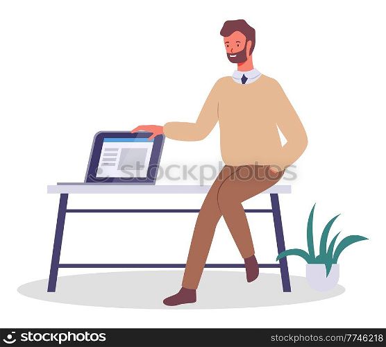 Office worker sitting on a bench with a laptop. Businessman or a clerk sitting in the hallway waiting for meeting with computer flat style illustration. Smiling bearded man office worker enterpreneur. Office worker sitting on a bench with a laptop. Businessman sitting in hallway waiting for meeting