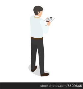 Office worker stands back and writes something isolated on white background. Vector illustration of employee, who makes notes. Person related to business does his job. Male cartoon faceless character.. Office Worker Makes Notes Isolated Illustration