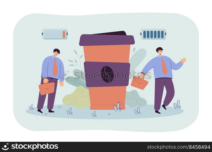 Office worker suffering from caffeine addiction. Man getting energy and charging personal battery from takeaway coffee. Businessman taking cappuccino and getting high