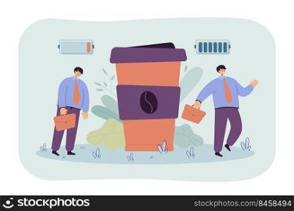 Office worker suffering from caffeine addiction. Man getting energy and charging personal battery from takeaway coffee. Businessman taking cappuccino and getting high