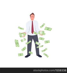 Office worker throwing money up flat color vector faceless character. Financial success. Successful employee with falling money isolated cartoon illustration for web graphic design and animation. Office worker throwing money up flat color vector faceless character
