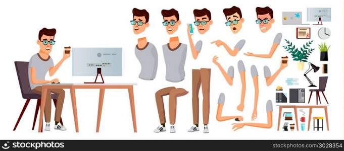 Office Worker Vector. Emotions, Gestures. Animation Creation Set. Business Person. Career. Modern Employee, Workman. Isolated Flat Cartoon Character Illustration. Office Worker Vector. Emotions, Gestures. Animation Creation Set. Business Person. Career. Modern Employee, Workman Flat Cartoon Character Illustration