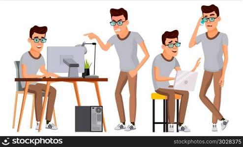 Office Worker Vector. Face Emotions, Gestures. Set. Business Man. Professional Cabinet Workman, Officer, Clerk. Isolated Cartoon Character Illustration. Office Worker Vector. Face Emotions, Various Gestures. Business Human. Smiling Manager, Servant, Workman, Officer Flat Character Illustration