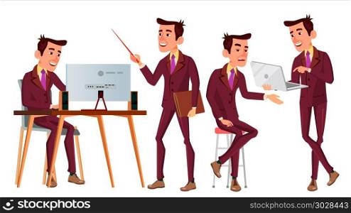 Office Worker Vector. Face Emotions, Various Gestures. Adult Entrepreneur Business Man. Isolated Flat Illustration. Office Worker Vector. Face Emotions, Various Gestures. Corporate Businessman Male. Isolated Cartoon Illustration