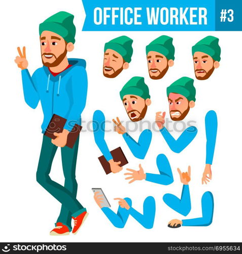 Office Worker Vector. Face Emotions, Various Gestures. Animation Creation Set. Businessman Person. Smiling Executive, Servant, Workman, Officer. Isolated Character Illustration. Office Worker Vector. Face Emotions, Various Gestures. Animation Creation Set. Business Human. Smiling Manager, Servant, Workman, Officer Flat Character Illustration