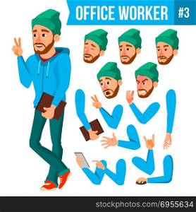 Office Worker Vector. Face Emotions, Various Gestures. Animation Creation Set. Businessman Person. Smiling Executive, Servant, Workman, Officer. Isolated Character Illustration. Office Worker Vector. Face Emotions, Various Gestures. Animation Creation Set. Business Human. Smiling Manager, Servant, Workman, Officer Flat Character Illustration