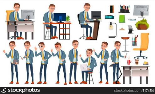 Office Worker Vector. Face Emotions, Various Gestures. Business Human. Smiling Manager, Servant, Workman, Officer Flat Character Illustration. Office Worker Vector. Face Emotions, Various Gestures. Businessman Person. Smiling Executive, Servant, Workman, Officer. Isolated Character Illustration