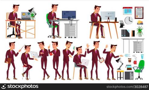 Office Worker Vector. Face Emotions, Various Gestures. Businessman Human. Modern Cabinet Employee, Workman, Laborer. Isolated Flat Cartoon Character Illustration. Office Worker Vector. Face Emotions, Various Gestures. Adult Entrepreneur Business Man. Isolated Flat Illustration