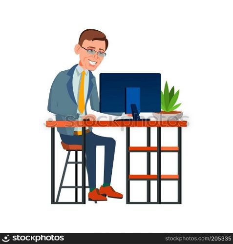 Office Worker Vector. Face Emotions, Various Gestures. Businessman Worker. Happy Job. Partner, Clerk, Servant, Employee. Isolated Flat Cartoon Illustration
