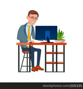 Office Worker Vector. Face Emotions, Various Gestures. Businessman Worker. Happy Job. Partner, Clerk, Servant, Employee. Isolated Flat Cartoon Illustration
