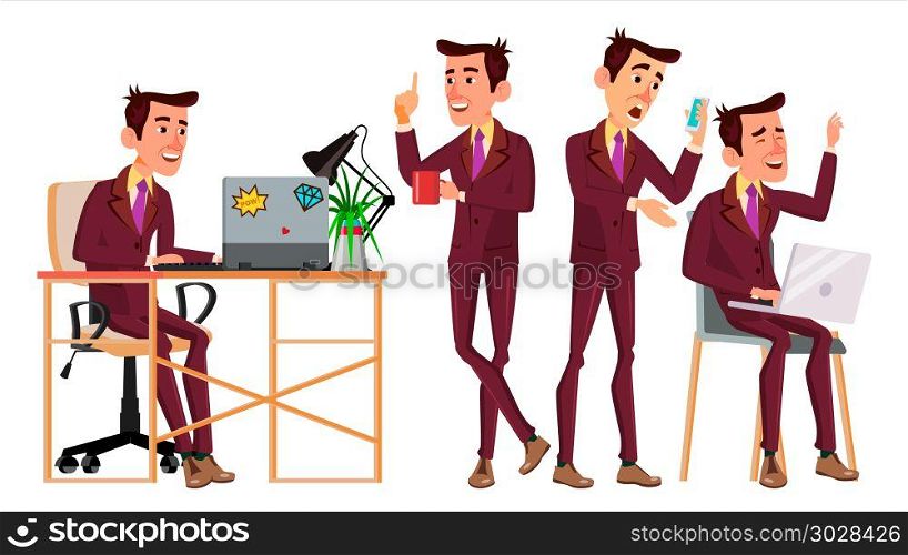 Office Worker Vector. Face Emotions, Various Gestures. Corporate Businessman Male. Isolated Cartoon Illustration. Office Worker Vector. Face Emotions, Various Gestures. Business Worker. Career. Professional Workman, Officer, Clerk Flat Cartoon Illustration
