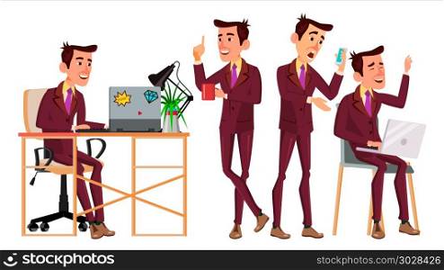 Office Worker Vector. Face Emotions, Various Gestures. Corporate Businessman Male. Isolated Cartoon Illustration. Office Worker Vector. Face Emotions, Various Gestures. Business Worker. Career. Professional Workman, Officer, Clerk Flat Cartoon Illustration