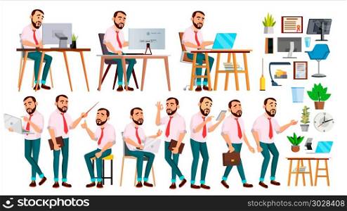Office Worker Vector. Face Emotions, Various Gestures. Creation Set. Adult Entrepreneur Business Man. Happy Clerk, Servant, Employee. Isolated Flat Illustration. Office Worker Vector. Face Emotions, Various Gestures. Creation Set. Businessman Human. Modern Cabinet Employee, Workman, Laborer. Isolated Flat Cartoon Character Illustration