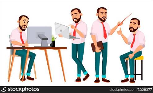 Office Worker Vector. Face Emotions, Various Gestures. Creation Set. Corporate Businessman Male. Successful Officer, Clerk, Servant. Isolated Cartoon Illustration. Office Worker Vector. Face Emotions, Various Gestures. Creation Set. Adult Entrepreneur Business Man. Happy Clerk, Servant, Employee. Isolated Flat Illustration