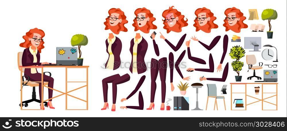 Office Worker Vector. Woman. Businessman Human. Lady Face Emotions, Various Gestures. Animation Creation Set. Isolated Flat Cartoon Character Illustration. Office Worker Vector. Woman. Businessman Human. Lady Face Emotions, Various Gestures. Animation Creation Set. Isolated Cartoon Character Illustration