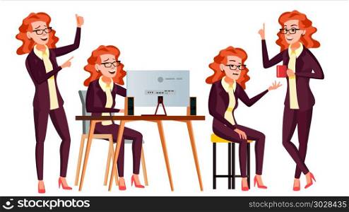 Office Worker Vector. Woman. Face Emotions, Various Gestures. Isolated Cartoon Character Illustration. Office Worker Vector. Woman. Happy Clerk, Servant, Employee. Business Woman Person. Lady Face Emotions, Various Gestures. Flat Character Illustration