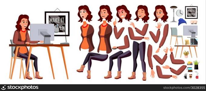 Office Worker Vector. Woman. Happy Clerk, Servant, Employee. Business Human. Face Emotions, Various Gestures. Animation Creation Set. Isolated Character Illustration. Office Worker Vector. Woman. Happy Clerk, Servant, Employee. Business Human. Face Emotions, Various Gestures. Animation Creation Set Character Illustration