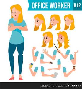 Office Worker Vector. Woman. Happy Clerk, Servant, Employee. Business Human. Face Emotions, Various Gestures. Animation Creation Set. Isolated Character Illustration. Office Worker Vector. Woman. Happy Clerk, Servant, Employee. Business Woman Person. Lady Face Emotions, Various Gestures. Animation Creation Set. Flat Character Illustration