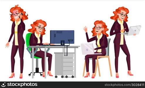 Office Worker Vector. Woman. Happy Clerk, Servant, Employee. Business Woman Person. Lady Face Emotions, Various Gestures. Flat Character Illustration. Office Worker Vector.Woman. Successful Officer, Clerk, Servant. Adult Business Woman. Face Emotions, Various Gestures. Isolated Flat Cartoon Illustration