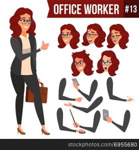 Office Worker Vector. Woman. Happy Clerk, Servant, Employee. Business Woman Person. Lady Face Emotions, Various Gestures. Animation Creation Set. Flat Character Illustration. Office Worker Vector.Woman. Successful Officer, Clerk, Servant. Adult Business Woman. Face Emotions, Various Gestures. Animation Creation Set. Isolated Flat Cartoon Illustration