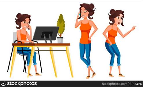 Office Worker Vector. Woman. Modern Employee, Laborer. Business Worker. Face Emotions, Various Gestures. Isolated Cartoon Character Illustration. Office Worker Vector. Woman. Happy Clerk, Servant, Employee. Business Woman Person. Lady Face Emotions, Various Gestures. Flat Character Illustration